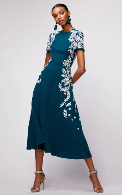 Shop Oscar De La Renta Floral-embroidered Wool-blend Midi Dress In Blue