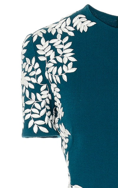 Shop Oscar De La Renta Floral-embroidered Wool-blend Midi Dress In Blue