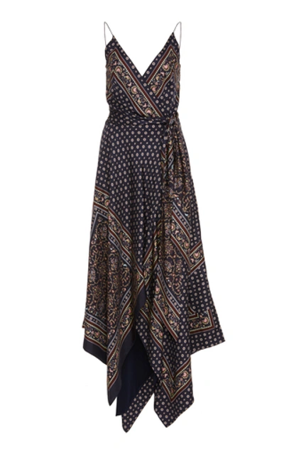 Shop Jonathan Simkhai Asymmetric Printed Satin Wrap Dress In Blue