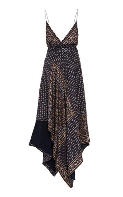 Shop Jonathan Simkhai Asymmetric Printed Satin Wrap Dress In Blue