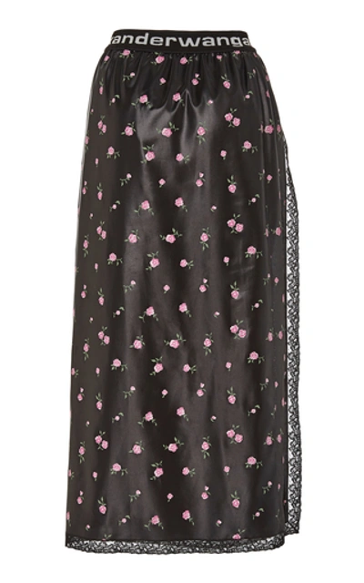 Shop Alexander Wang Intarsia-trimmed Floral-print Satin Midi Skirt