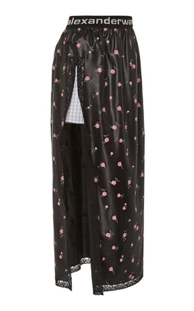 Shop Alexander Wang Intarsia-trimmed Floral-print Satin Midi Skirt