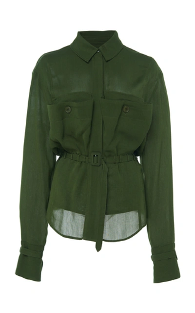 Shop Jacquemus La Chemise Enna Belted Cotton-voile Shirt In Green