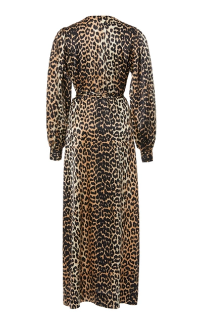 Shop Ganni Wrap-effect Printed Stretch-silk Midi Dress In Animal