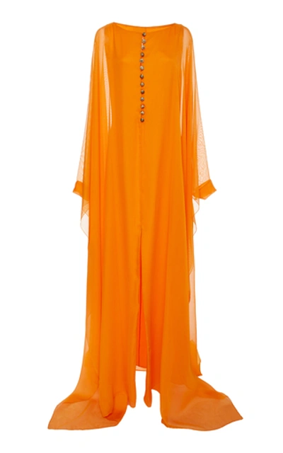 Shop Oscar De La Renta Cape-effect Button-detailed Silk-chiffon Gown In Orange