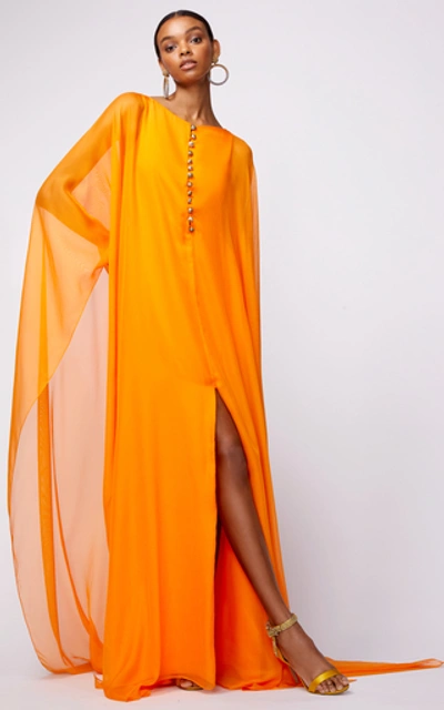 Shop Oscar De La Renta Cape-effect Button-detailed Silk-chiffon Gown In Orange