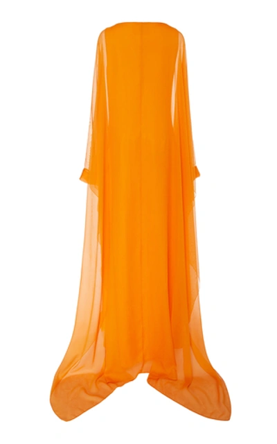 Shop Oscar De La Renta Cape-effect Button-detailed Silk-chiffon Gown In Orange