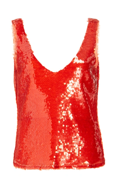 Shop Sally Lapointe Sequin Embroidered Scoop Neck Tank In Red