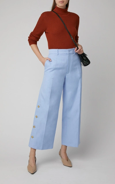 Shop Joseph Fade High-waisted Button-trimmed Twill Wide-leg Trousers In Blue