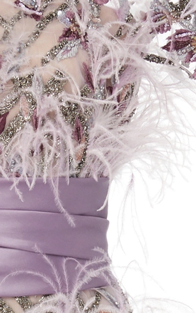 Shop Marchesa Ostrich Feather And Crystal-embellished Tulle Midi Dress In Purple