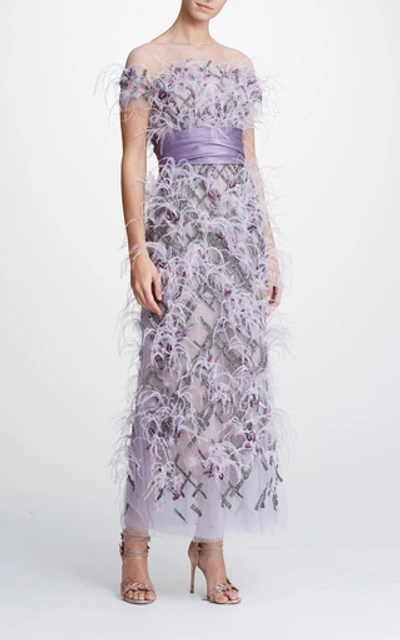 Shop Marchesa Ostrich Feather And Crystal-embellished Tulle Midi Dress In Purple