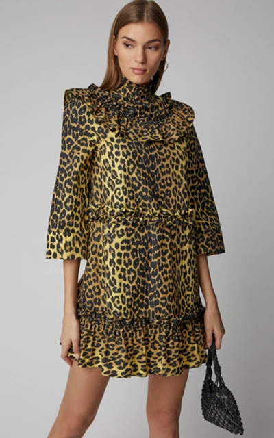 Shop Ganni Ruffled Leopard-print Cotton Mini Dress In Animal