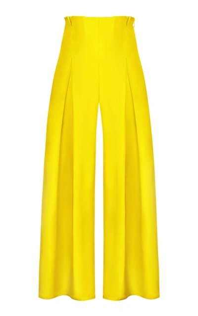 Shop Abadia Pleated Silk Taffeta Wide-leg Pants In Yellow