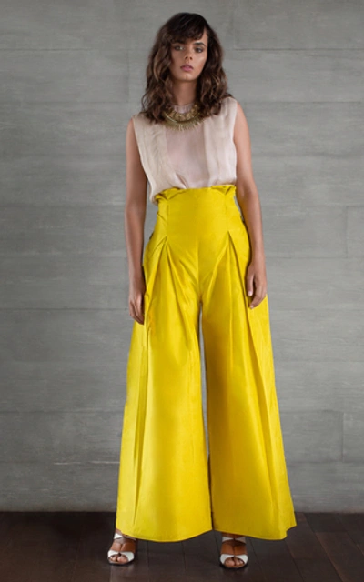 Shop Abadia Pleated Silk Taffeta Wide-leg Pants In Yellow