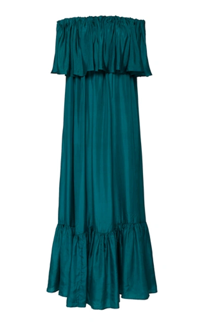 Shop Kalita La Fontelina Ruffled Off-the-shoulder Silk-habotai Maxi Dress In Green