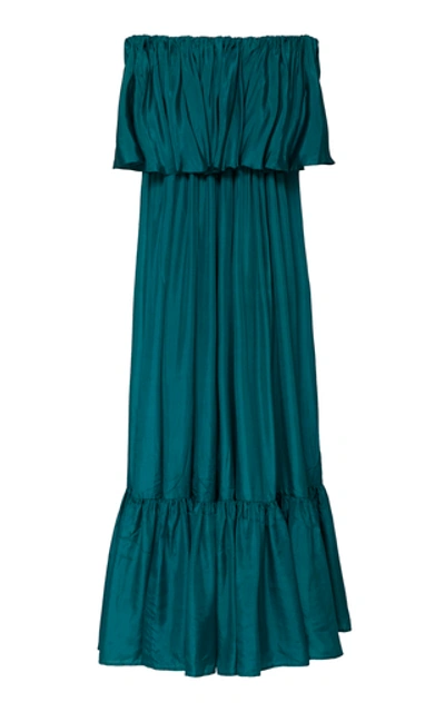 Shop Kalita La Fontelina Ruffled Off-the-shoulder Silk-habotai Maxi Dress In Green