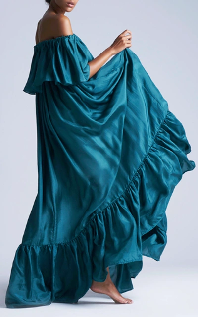 Shop Kalita La Fontelina Ruffled Off-the-shoulder Silk-habotai Maxi Dress In Green