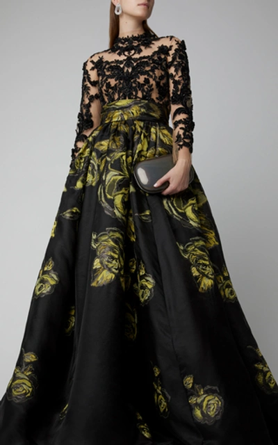 Shop Marchesa Floral-embroidered Silk-jacquard And Lace Gown