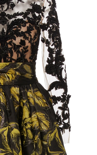 Shop Marchesa Floral-embroidered Silk-jacquard And Lace Gown
