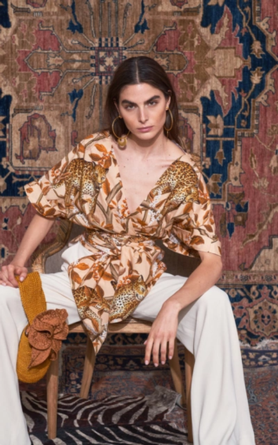 Shop Johanna Ortiz Young And Wild Printed Cotton Wrap Shirt In Orange