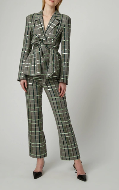 Shop Rosie Assoulin Belted Plaid Wool-blend Blazer In Green