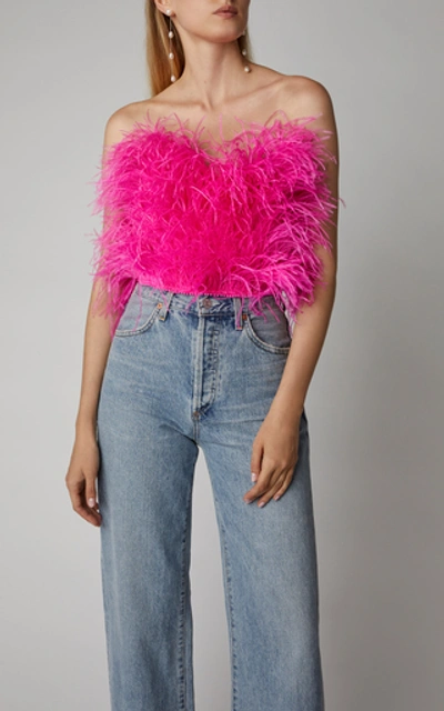 Shop Attico Ostrich Feather-embroidered Strapless Top In Pink