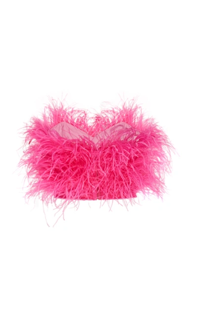 Shop Attico Ostrich Feather-embroidered Strapless Top In Pink