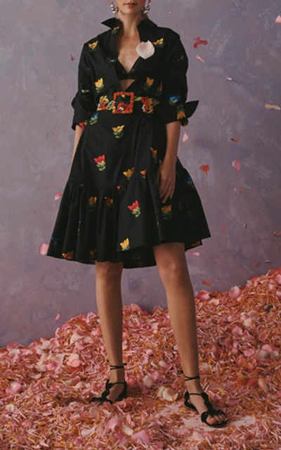 Shop Carolina Herrera Asymmetric Floral-embroidered Cotton Skirt In Black