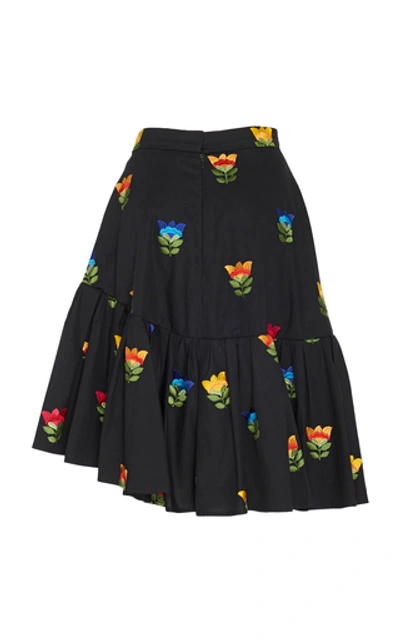 Shop Carolina Herrera Asymmetric Floral-embroidered Cotton Skirt In Black
