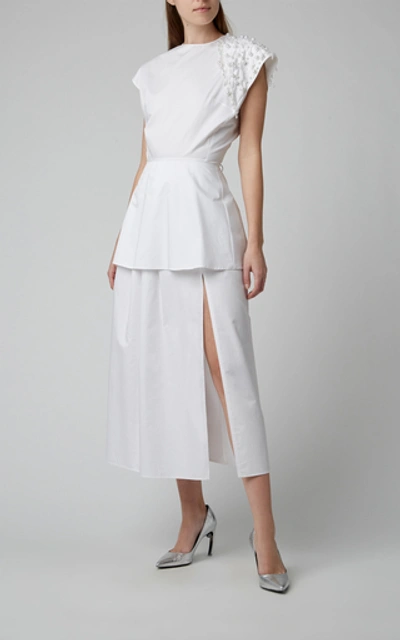 Shop Christopher Kane Embellished Peplum Cotton-poplin Midi Dress In White