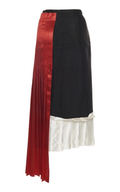 Shop Marni Pleated Satin-paneled Crepe Midi Skirt In Black