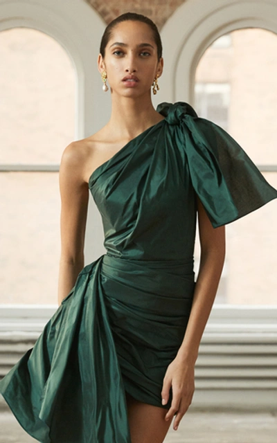 Shop Oscar De La Renta Asymmetric One-shoulder Silk-taffeta Mini Dress In Green