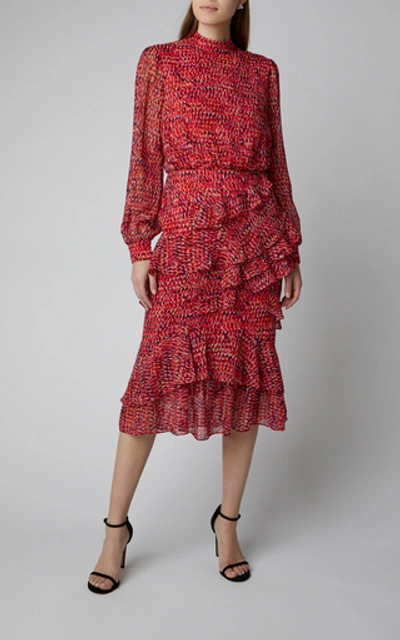Shop Saloni Isa Ruffled Printed Silk-chiffon Midi Dress