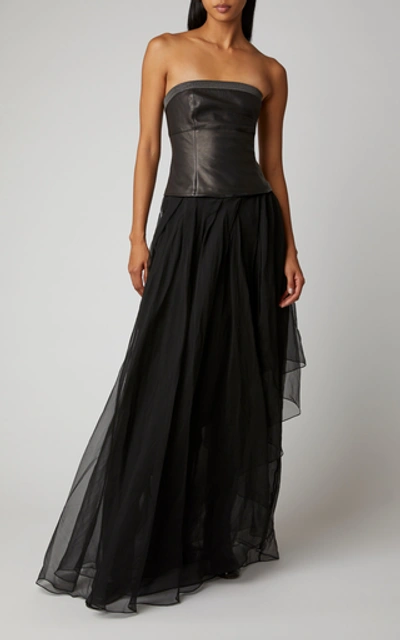 Shop Brunello Cucinelli Leather And Tulle Gown In Black