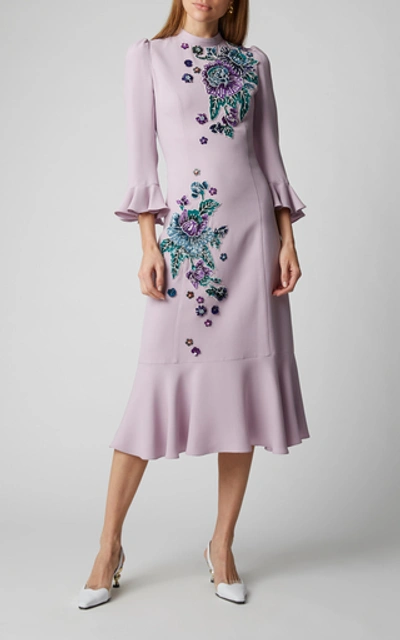 Shop Andrew Gn Floral-appliquéd Crepe De Chine Midi Dress In Purple