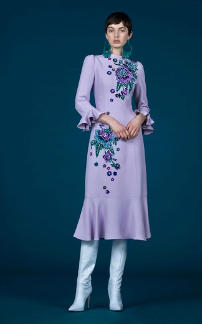 Shop Andrew Gn Floral-appliquéd Crepe De Chine Midi Dress In Purple