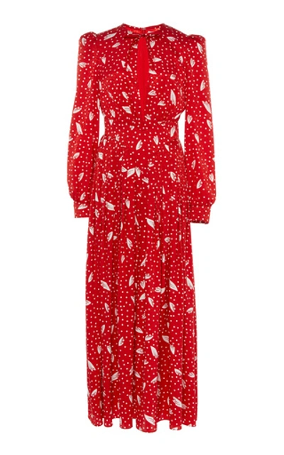 Shop Alessandra Rich Printed Silk Crepe De Chine Midi Dress In Red