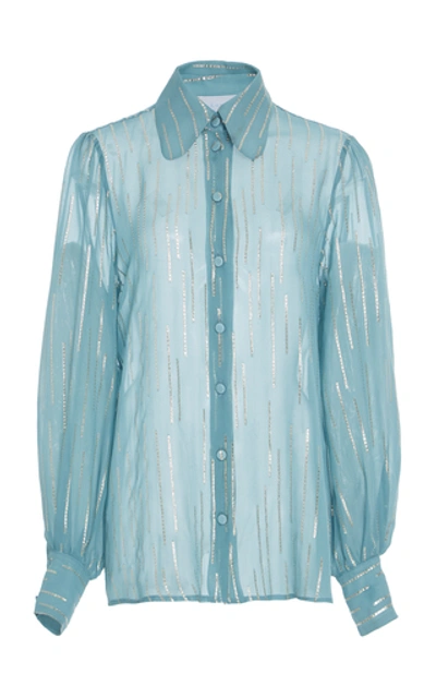 Shop Luisa Beccaria Silk-blend Chiffon Pussy Bow Blouse In Blue
