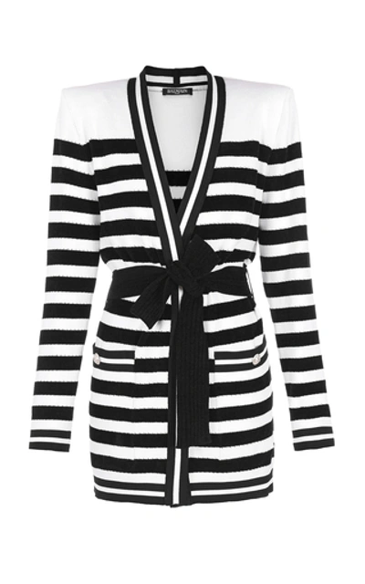 Shop Balmain Belted Striped Ribbed-knit Cardigan In Black/white