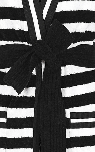 Shop Balmain Belted Striped Ribbed-knit Cardigan In Black/white