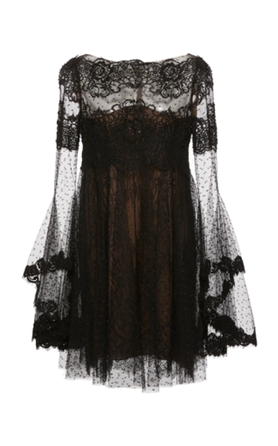 Shop Marchesa Point D'espirit Tulle And Lace Mini Dress In Black