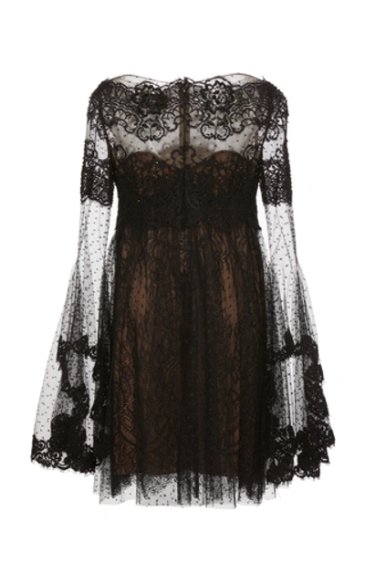 Shop Marchesa Point D'espirit Tulle And Lace Mini Dress In Black