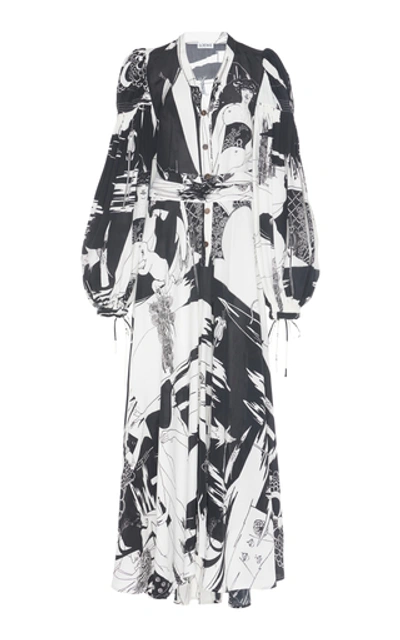 Shop Loewe Printed Silk-crepe Maxi Dress In Black/white