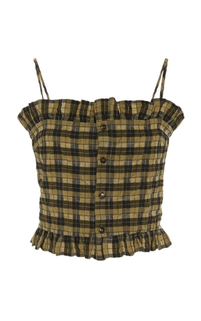 Shop Ganni Ruffled Checked Cotton-blend Top In Plaid
