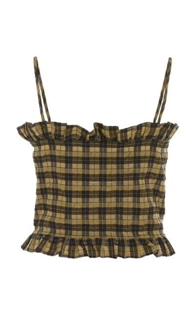 Shop Ganni Ruffled Checked Cotton-blend Top In Plaid