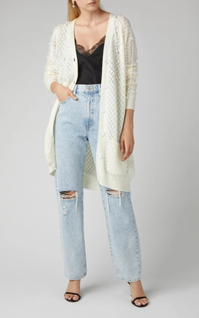 Shop Christopher Kane Fringed Faux Pearl-embellished Wool Cardigan In White