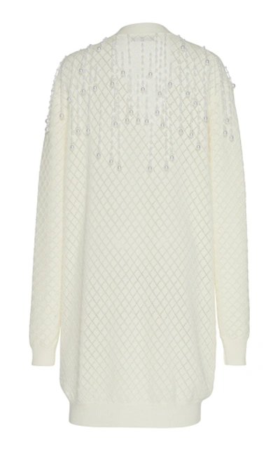 Shop Christopher Kane Fringed Faux Pearl-embellished Wool Cardigan In White