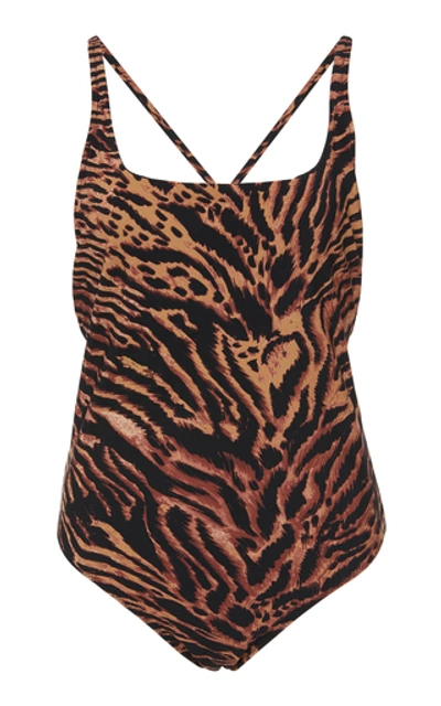 Shop Ganni Tiger-print Swimsuit In Animal