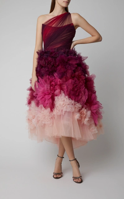 Shop Marchesa One-shoulder Ombré Tulle And Organza Midi Dress In Pink