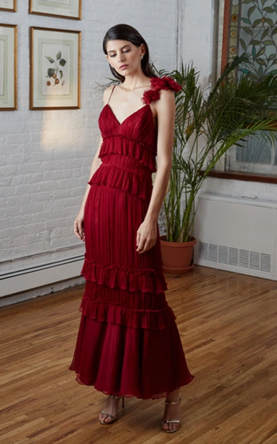 Shop Amur Mikayla Ruffled Appliquéd Plissé-chiffon Gown In Red